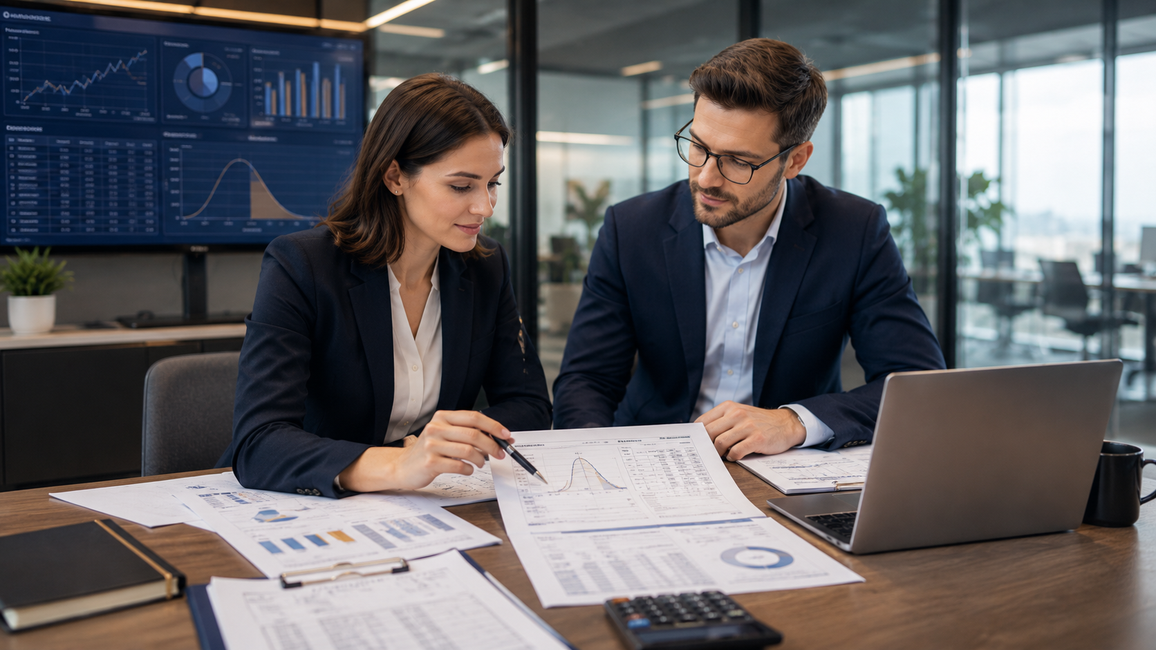Consultanți analizând rapoarte și indicatori financiari