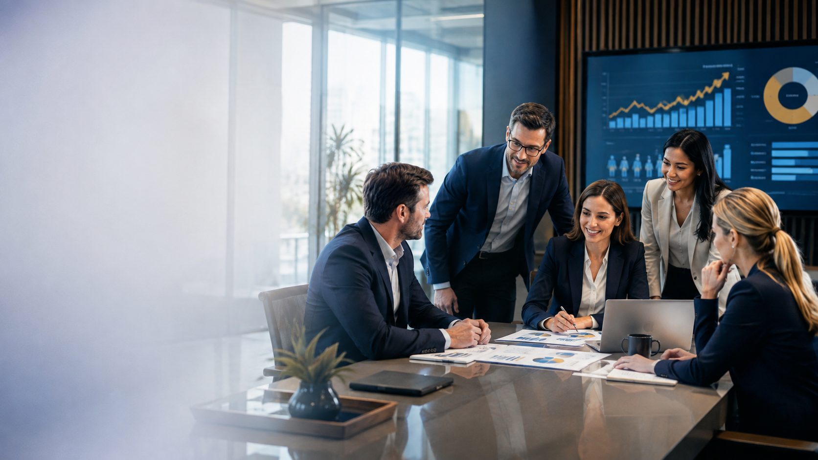 Echipă de consultanți analizând date și grafice